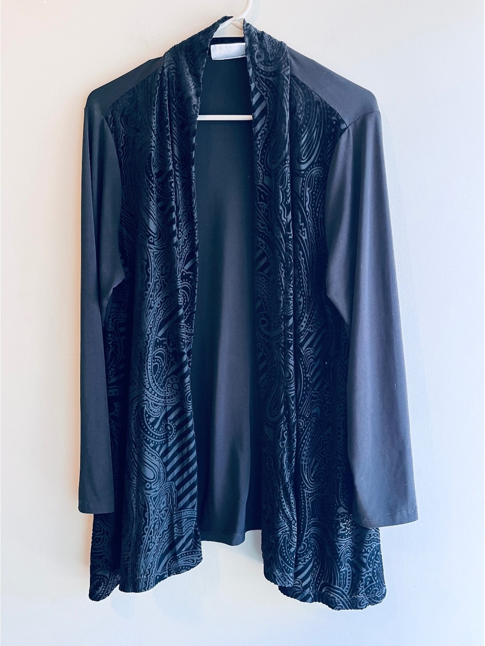 Susan Graver Black Velvet Burnout Paisley Open-Front Cardigan Jacket Size Large